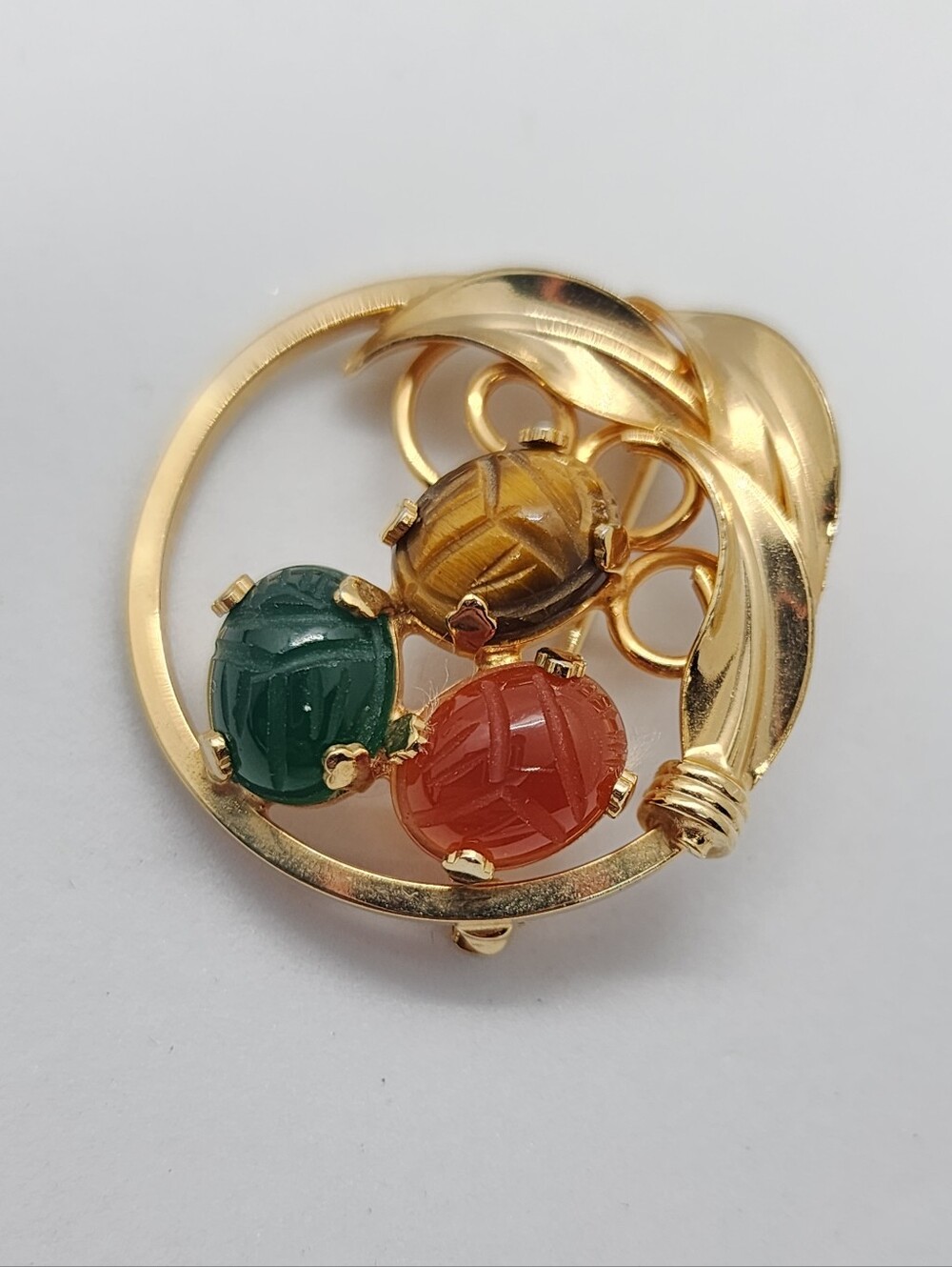 Vintage Burt Cassell 12K Gold Filled 3-Stone Scarab Brooch Pin, Egyptian Revival